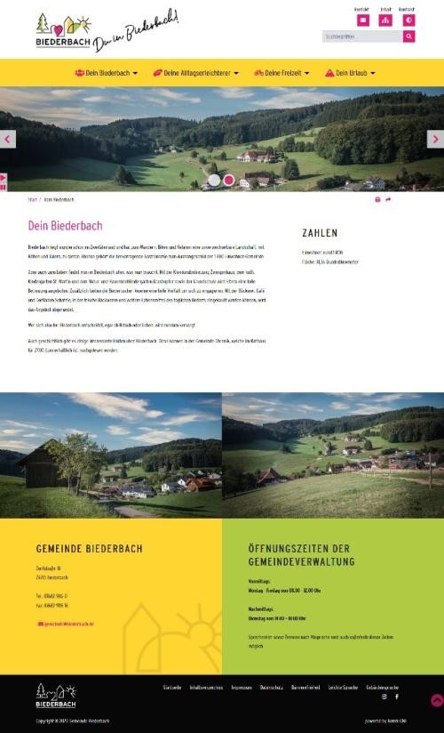 Beispielseite der Homepage mit Logo, vier Bereiche, Textdarstellung, Bildern und Öffnungszeiten sowie Adresse der Gemeinde Biederbach