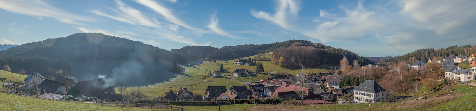 Panoramabild Biederbach mit Häusern, Wiese und Bergen